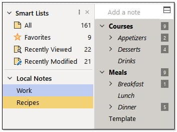 The Recipes list holds the collection, organized by Courses and Meals