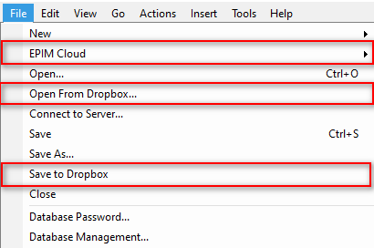 Built-in support from the file menu for EPIM's cloud service and Dropbox