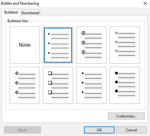 The advanced Bullets and Numbering dialog