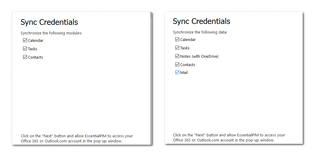 The expanded options for synchronizing with Office 365/Outlook, including Notes with OneDrive