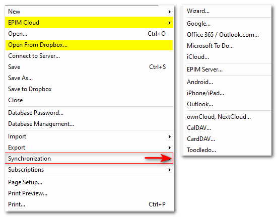 Synchronizations available in the File menu and Synchronization > Add synchronization