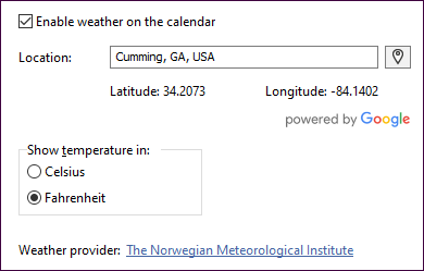 Weather settings available through Tools > Options > Modules > Calendar > Weather