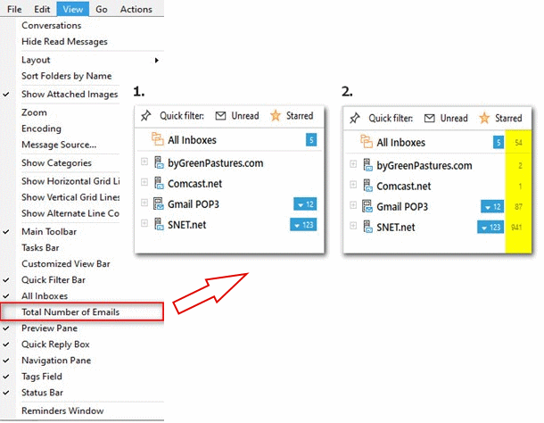 Eine neue Anzeigeoption (links) schaltet die Anzeige der Gesamtzahl von Nachrichten pro Ordner ein/aus. Wenn die Option deaktiviert ist, erscheint lediglich die Zahl der ungelesenen Nachrichten (Bild #1). Bild #2 zeigt besagte Gesamtzahl der Mails, bei aktivierter Option.
