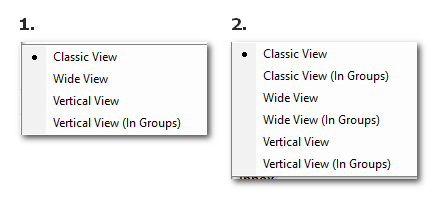 Frühere Versionen zeigten die Gruppen nur in der vertikalen Ansicht (#1). Mails können nun in 2 weiteren Ansichten gruppiert werden: Klassisch und Erweitert (#2).