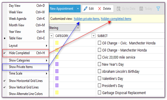 The View menu, where you can hide completed and private items