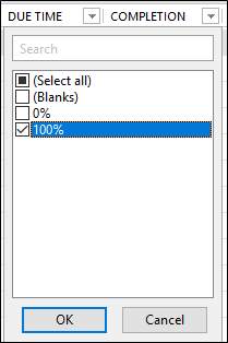 Die Drop-Down-Pfeilfelder öffnen einen Dialog mit den, für die Filterung verfügbaren, Werten; im vorliegenden Fall den “Fortschritt” betreffend