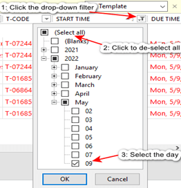 Navigating the drop-down filter for Start Time to view a day's tasks