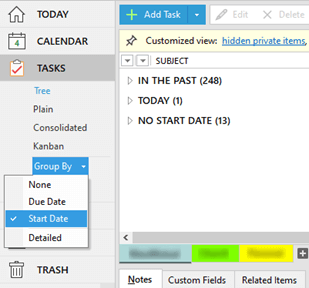 Using the Group By start date filter to collect the day's tasks