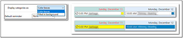 An option has been added to display an appointment's category either partially as a colored box (top) or with the entire background filled in