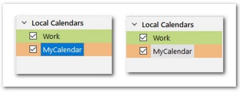 The blue background shows the selected calendar on the left, and the gray background (right) lets you see which calendar is active as you work with appointments