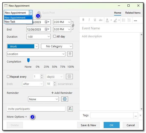 The dialog for creating tasks and appointments