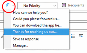 Insert canned response button in the email toolbar